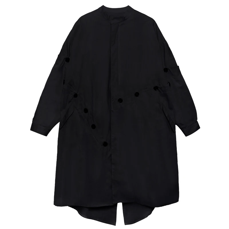 [EAM] New Autumn Winter Stand Collar Long Sleeve Button Split Joint Loose Big Size Jacket Women Coat Fashion Tide JO016 - Color: black