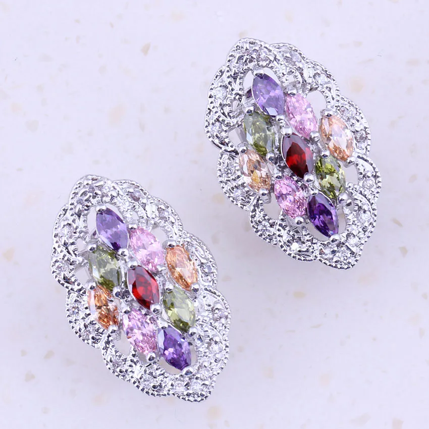 Небесно-многоцветные подделки мультикамней серебристого покрытия серьги хагги для женщин, брачные ювелирные изделия, свадебные аксессуары C0025.