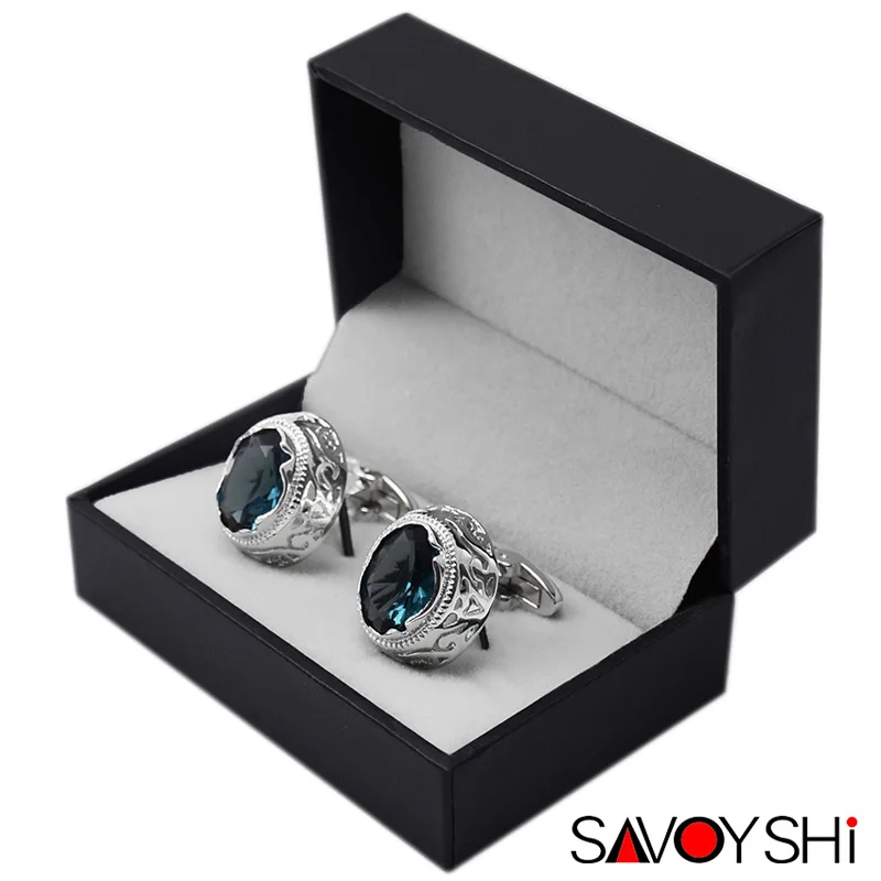 SAVOYSHI роскошные запонки для рубашки для мужчин подарок высокое качество серебро полые узор Небесно Голубой цирконий запонки Брендовые мужские ювелирные изделия - Окраска металла: Send With Gift Box
