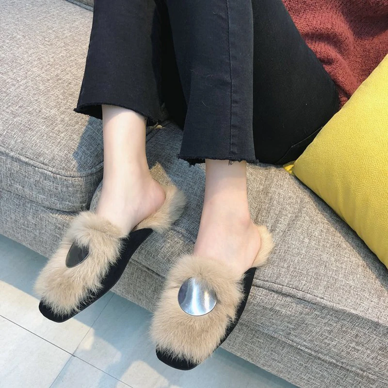 Дизайнер с квадратным носком мех Сабо Шлепанцы женские плюшевые зимние ботинки