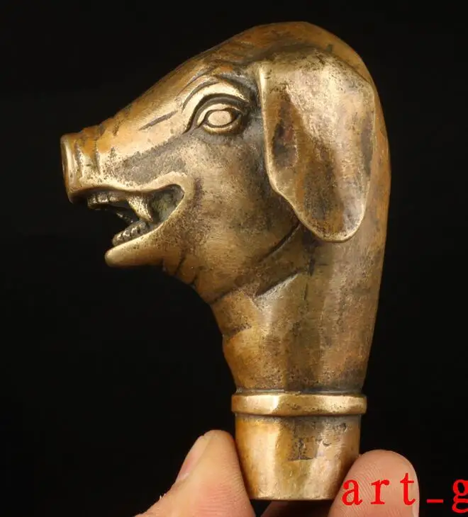 Коллекционная старинная ручная литая латунная свинья статуя костыль трость