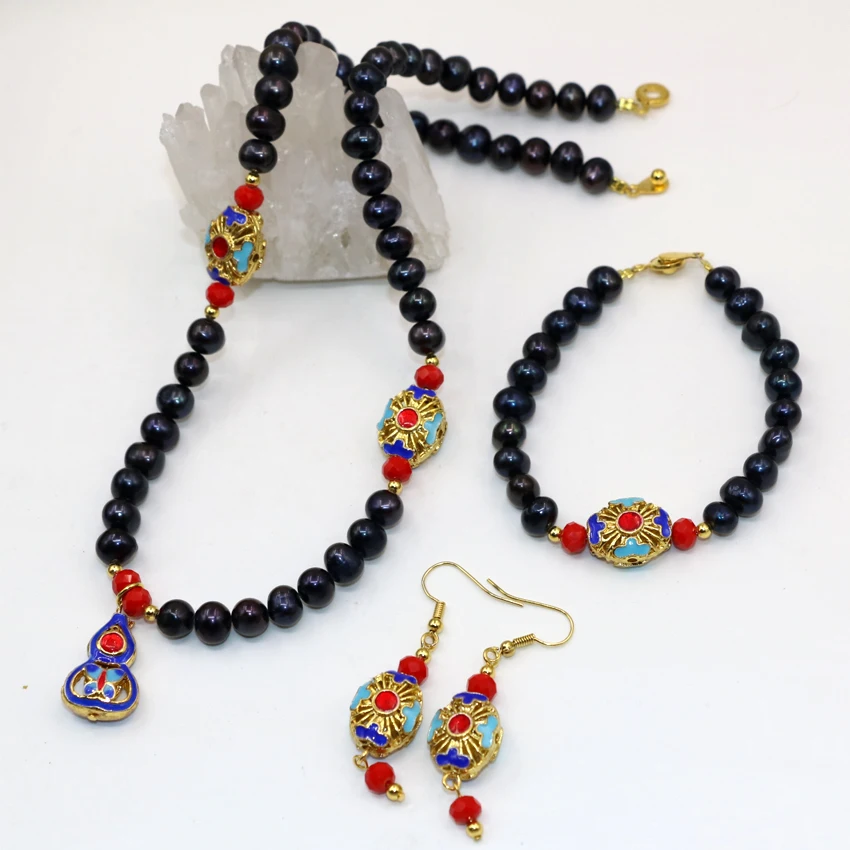 Натуральные черные бусины из пресноводного искусственного жемчуга 7-8 мм, цепочка, ожерелье, серьги, браслеты золотого цвета, перегородчатое искусственное ожерелье B3025