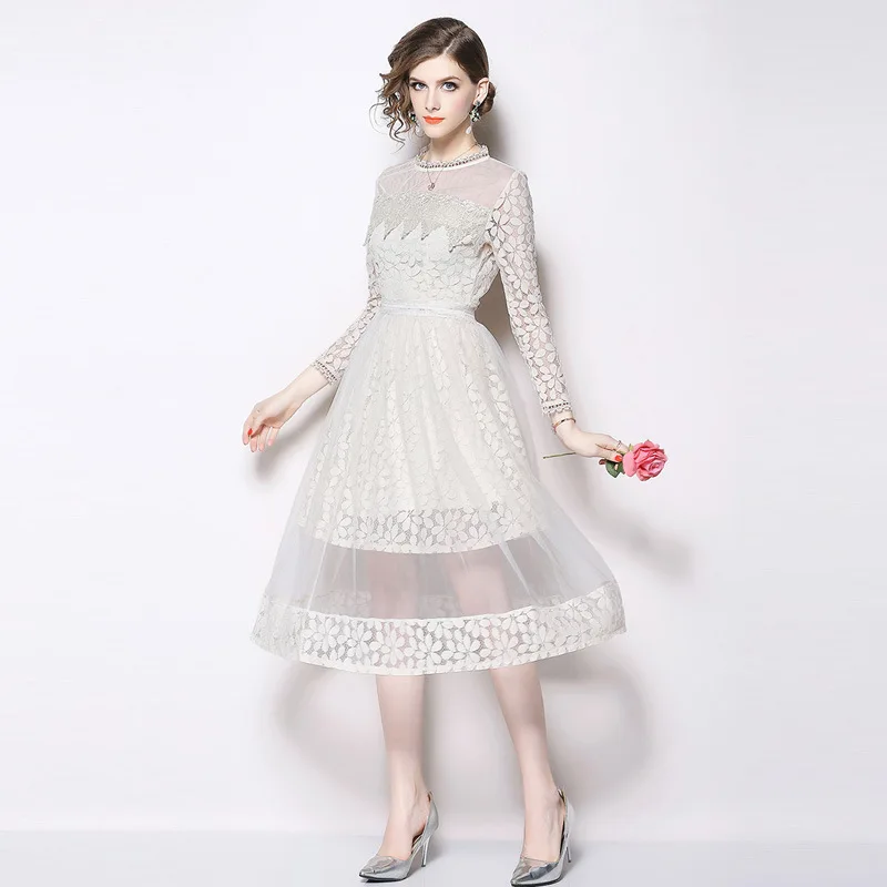 2019 latest spring new lace dress fashion European and American temperament long-sleeved two-piece skirt | Женская одежда