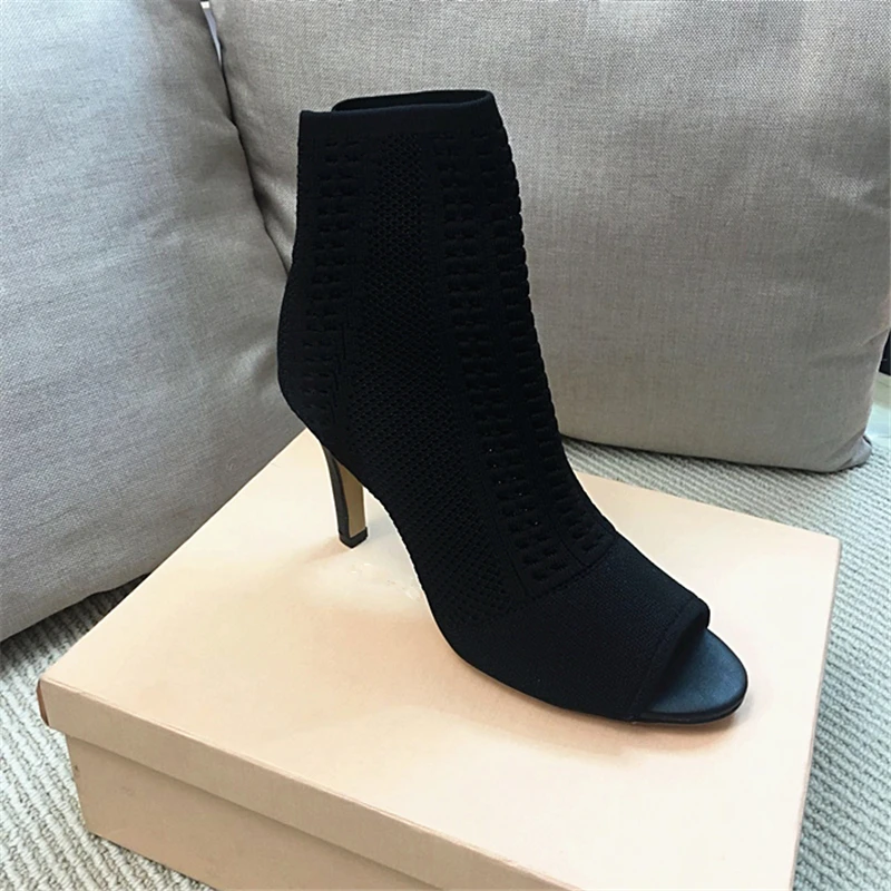 Hanbaidi Fashion Elastic Stretch Sock Boots Women Open Toe Knit Hollow High Heel Shoes Woman Sexy Ankle Summer Zapatos | Обувь