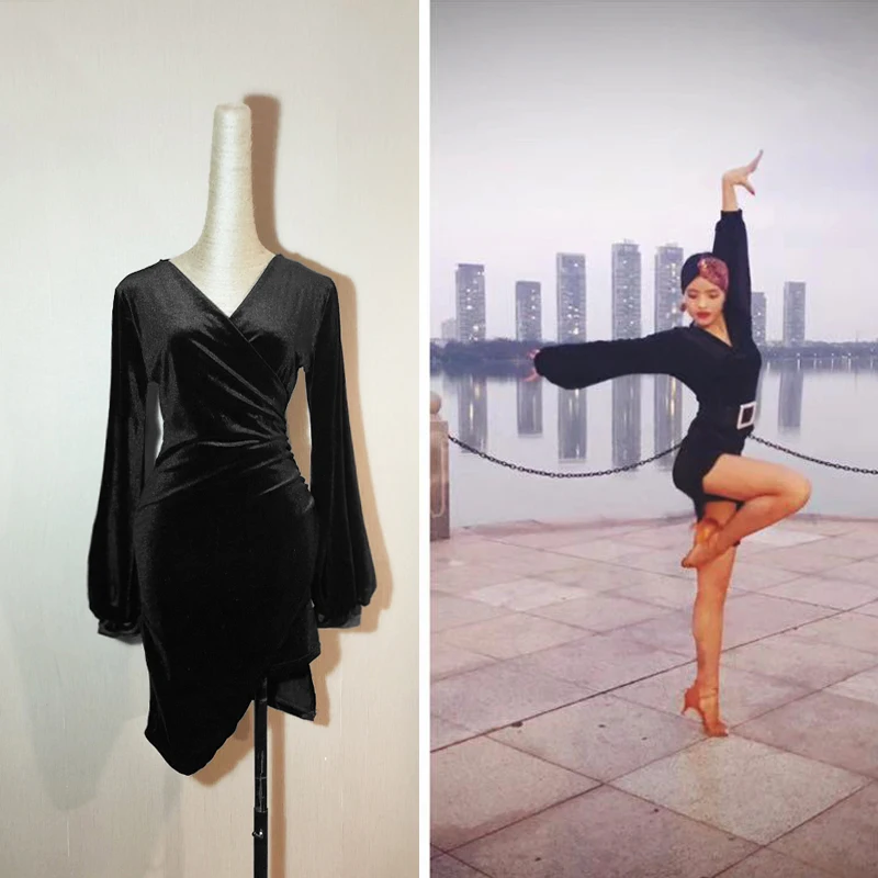 Fashion Women Latin Dance Dress Female Adult Velvet Lantern Long-Sleeved Sexy Ballroom Cha Practice Dresses Costume DL3207 | Тематическая