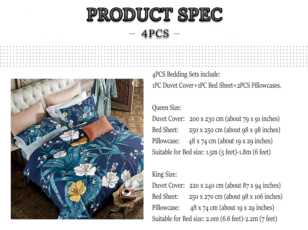 High Density 100S Bedding Sets Navy Blue Plant 3D Flower Printed 4pcs Bed Linen Set Cotton Double Bedsheet Set Queen King Size