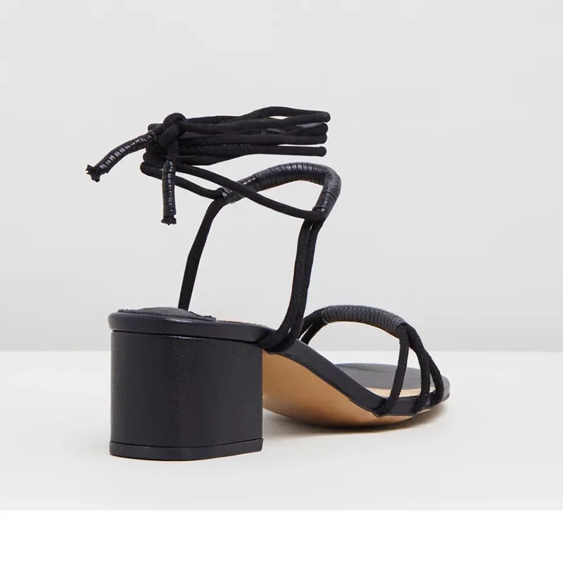 Jual Black Flock Sandal Bertali Kasual Untuk Wanita 2021 Sepatu Tali Pergelangan Kaki Wanita Hak Tinggi Santai Pesta Kantor Wanita
