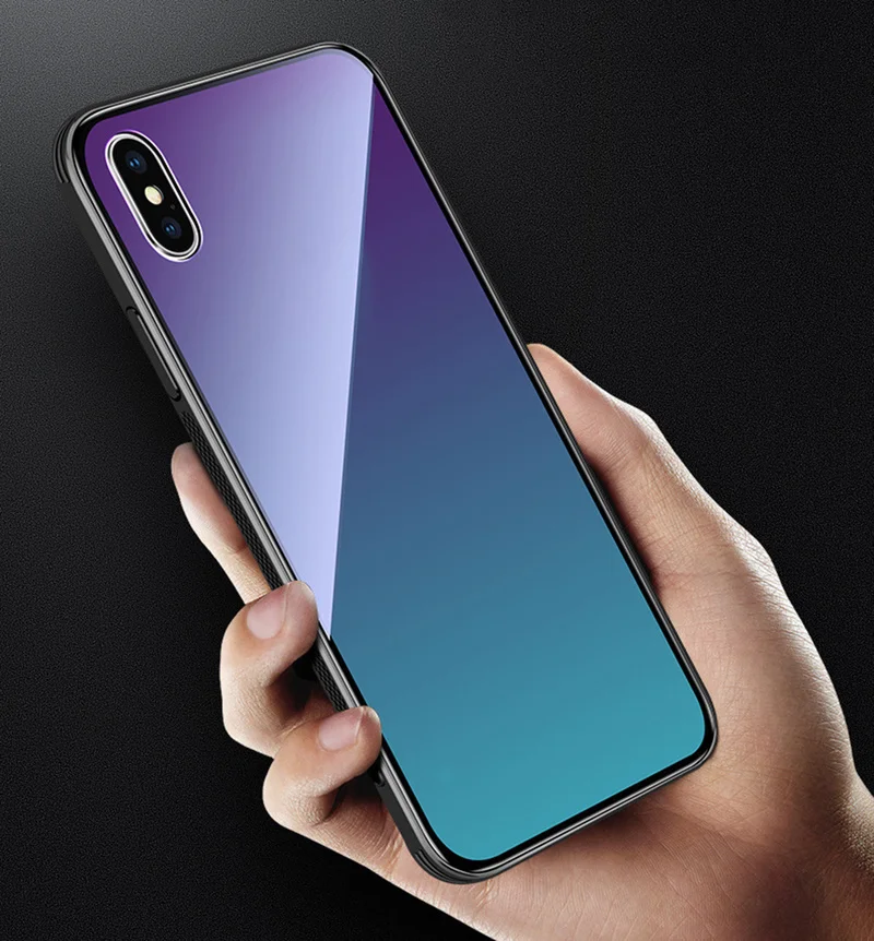 Закаленное стекло чехол для iPhone 7 8 X XS XR 6 6 S плюс градиент Цвет Blue Ray Аврора кожи задняя крышка для iPhone XS Max XR чехол