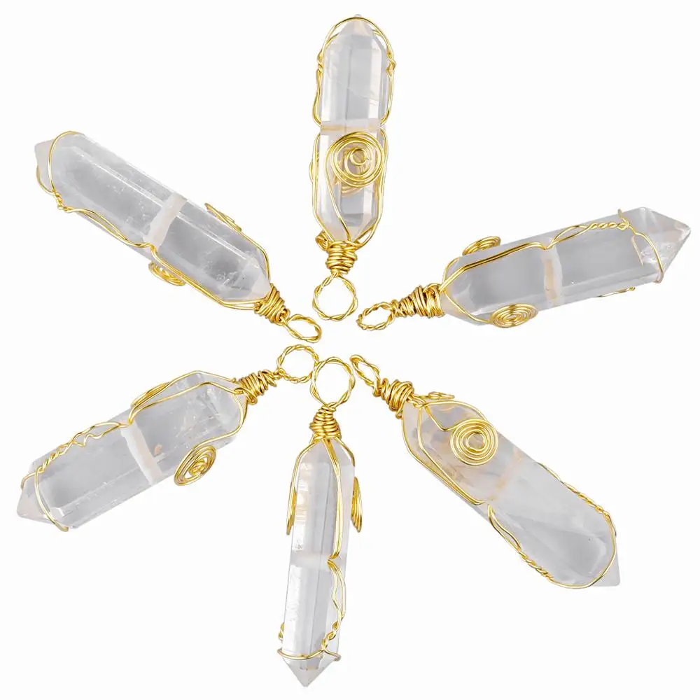 

SUNYIK Copper Wire Wrapped Natural Stone Six Pyramid Column Pendant for Necklace,Crystal Point Reiki Symbol Pendant for Unisex