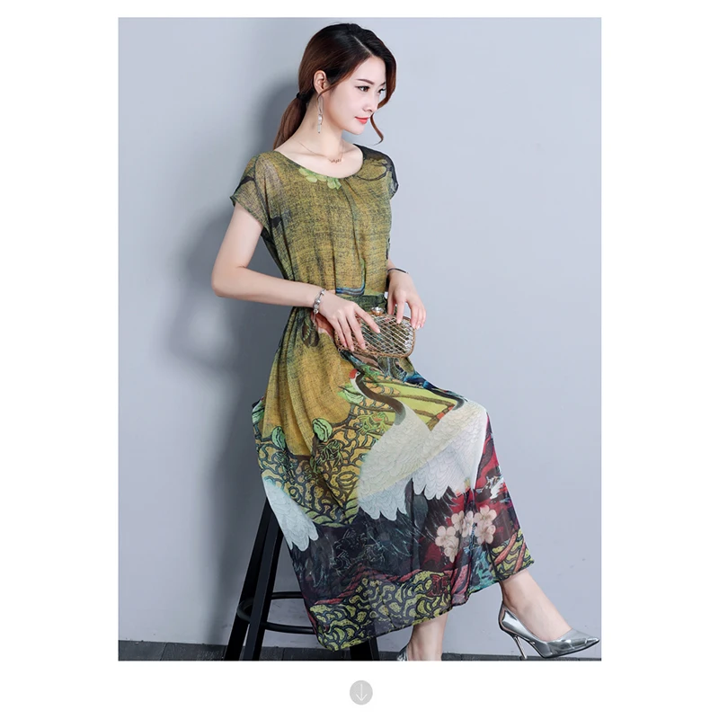Весенне летнее зеленое винтажное платье с цветочным принтом женское шелковое