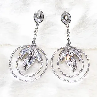 Большие круги листья Длинные серьги подвески бронза с сверлом фитинг AAA циркон 488