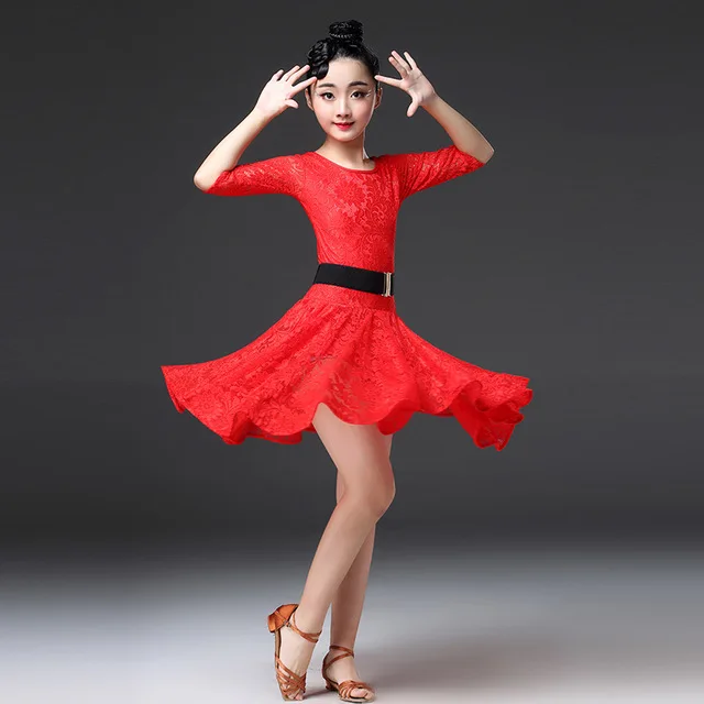 Short Sleeve Red Профессиональная юбка для латинских танцев для девушек, сексуальное кружевное длинное платье с коротким рукавом для бальных танцев, платье для латинских танцев для девочек - Цвет: Short Sleeve Red