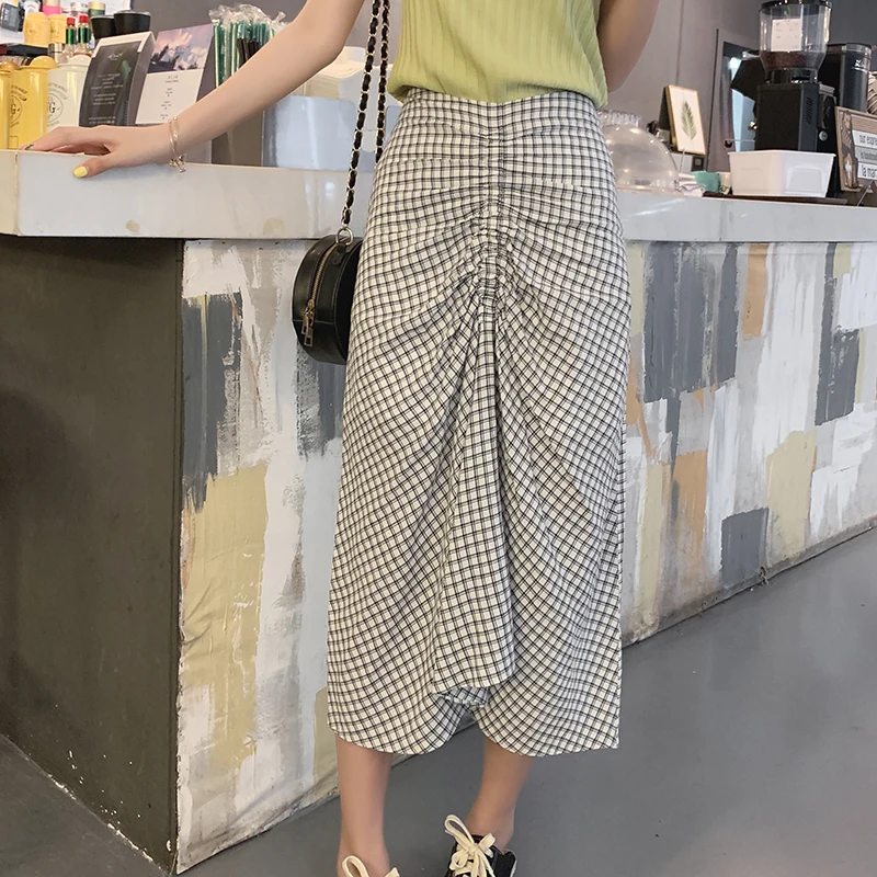 

Mishow 2019 Summer New Casual Pleated Black and White Plaid High Waist Slim Fit Long Skirt Women MX19B1903