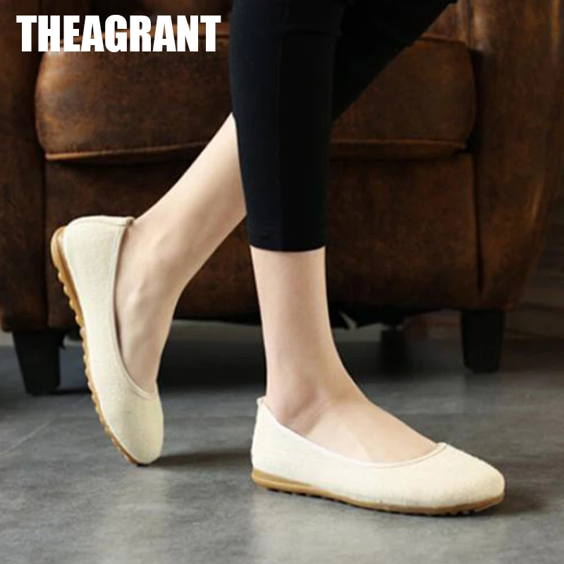 

THEAGRANT Women Shallow Ballet Flats 2019 Spring Summer Soft White Shoes Breathable Hemp Sole Casual Loafers Slip On WFS3030