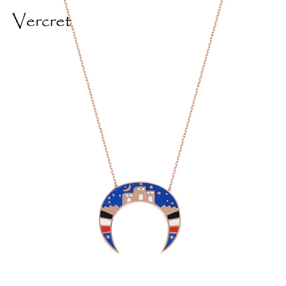 

Vercret enamel crescent moon necklace rose gold genuine 925 silver starry moon pendent necklace