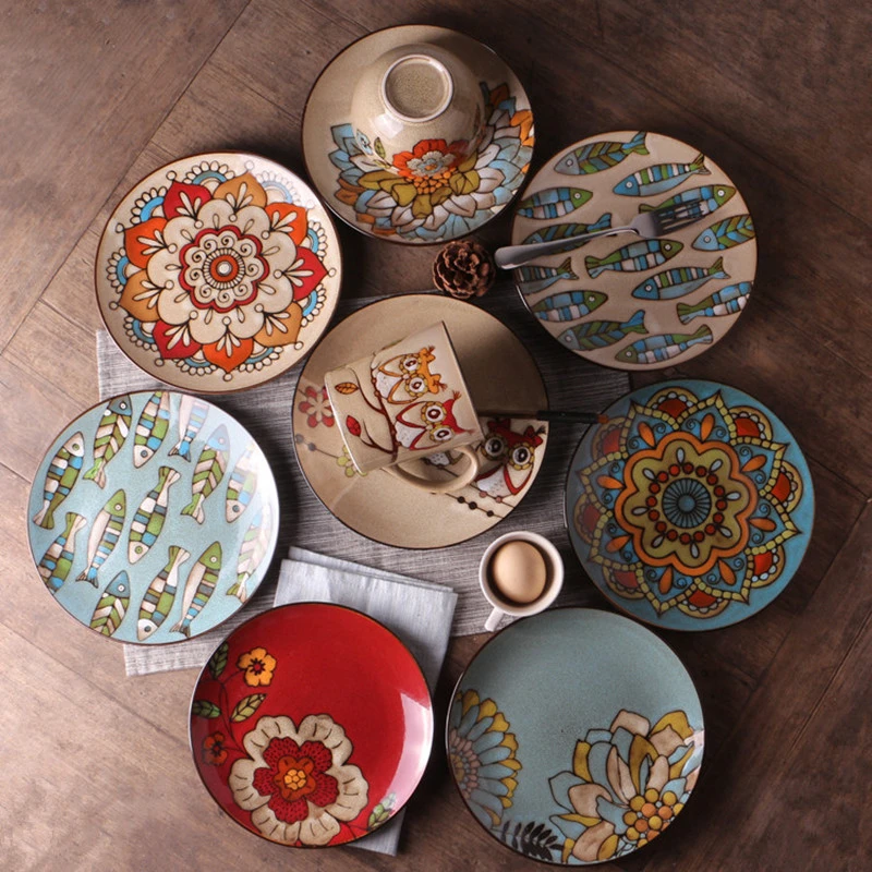 Керамическая тарелка набор тарелок плоская круглая для еды поднос салата ручная