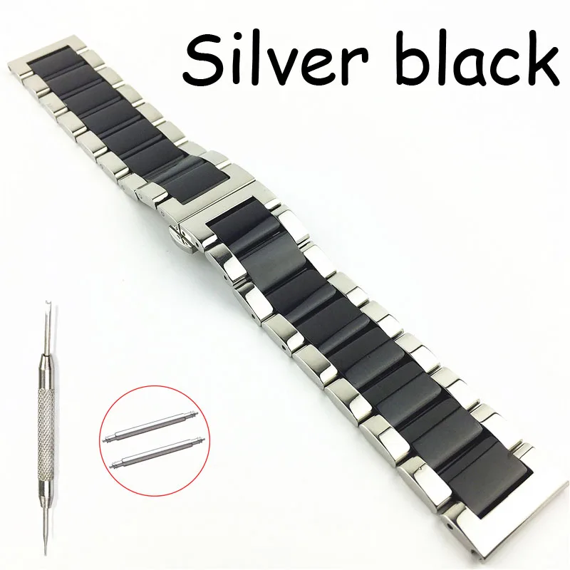 Silver black Сменный ремешок для часов из нержавеющей стали глянцевый матовый двойной цвет Бабочка Пряжка ремешок для часов 16 18 20 21 22 23 24 26 мм - Цвет ремешка: Silver black