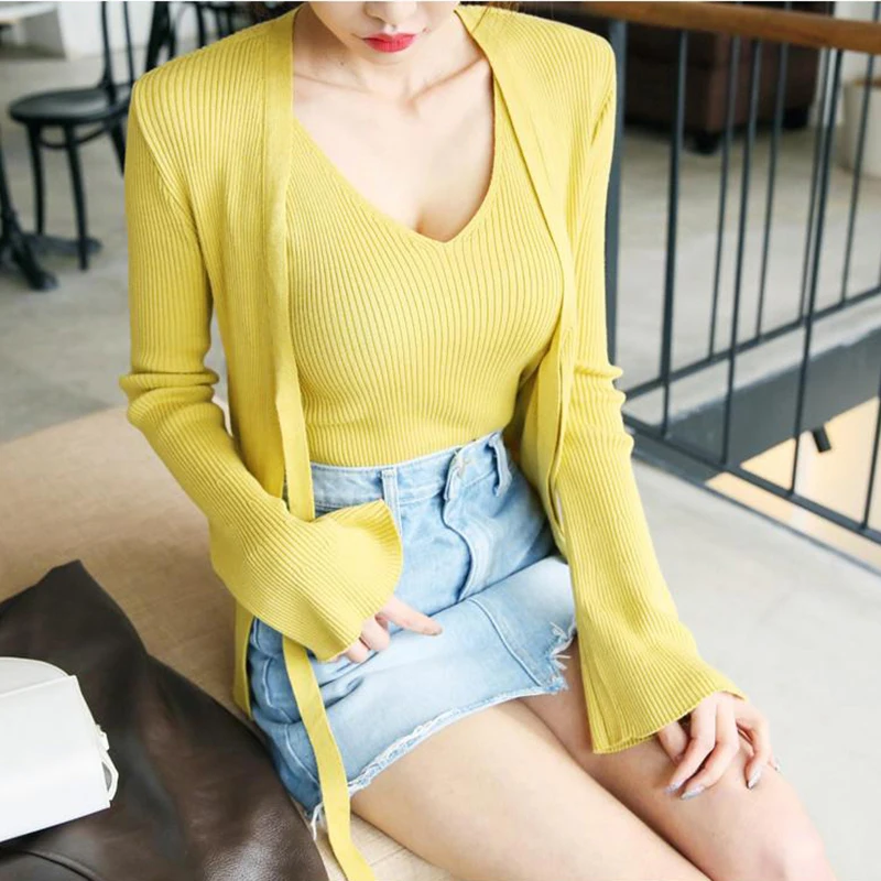 Повседневное трикотажные Комплект из 2 предметов на шнуровке кардиган и без