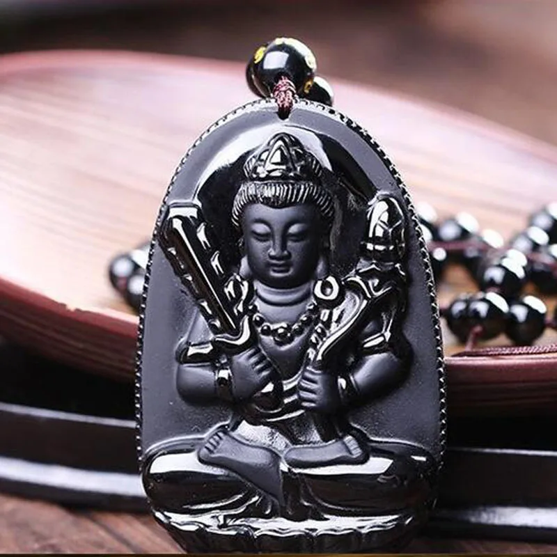 Натуральный черный Обсидиан Резной амулет Guan Yin на удачу кулон ожерелье для