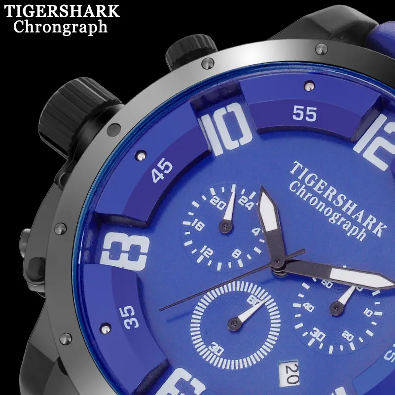 TIGERSHARK мужские спортивные часы кварцевые Топ бренд хронограф кожаный ремешок