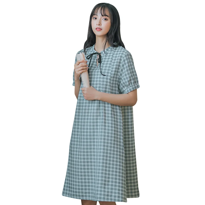 Mori Girl летнее женское платье круглый вырез лента зеленая в клетку свободное Vestidos