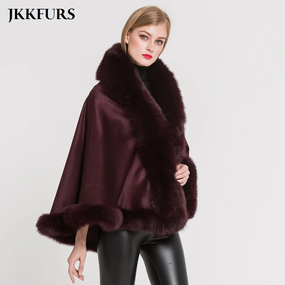 JKKFURS, женское пончо, натуральный Лисий мех, воротник, отделка и кашемировая накидка, шерсть, модный стиль, Осень-зима, теплое пальто, S7358