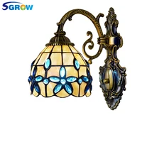 SGROW Classica Pastoral Lamp Art Shell Table Light Blue Beads Decoration Lighting Desk Lamps for Bedroom Beside Lilac Lampara