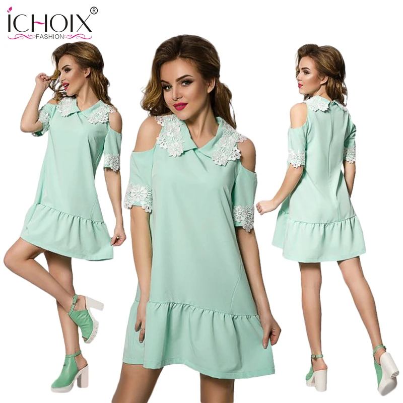 ICHOIX 2017 New Summer A-line Dress Off Shoulder Fashion Robe women Casual Elegant Lace dress Loose Cltohing Sky Pink Cute | Женская