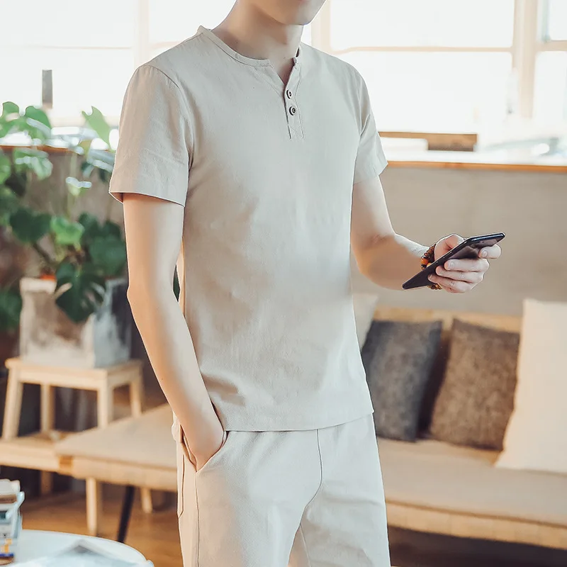 Рубашка мужская из хлопка и льна модная сорочка в китайском стиле Повседневная