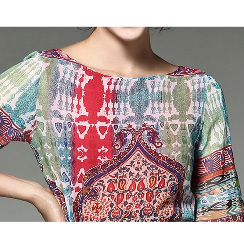 

Summer Autumn Chiffon Print Dress Cultivate oneself and gather waist Middle sleeve Long Dresses Vestido S-XXL Size