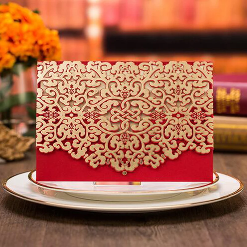 (50 шт./лот) Лазерная резка свадебные приглашения китайский красный золотой Флора
