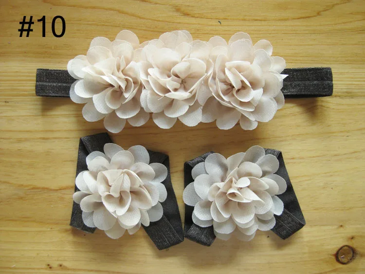 

2017 wholesale newborn headbands mini chiffon flowers kids barefoot sandals and headbands set childrenhair accessories 50set/lot