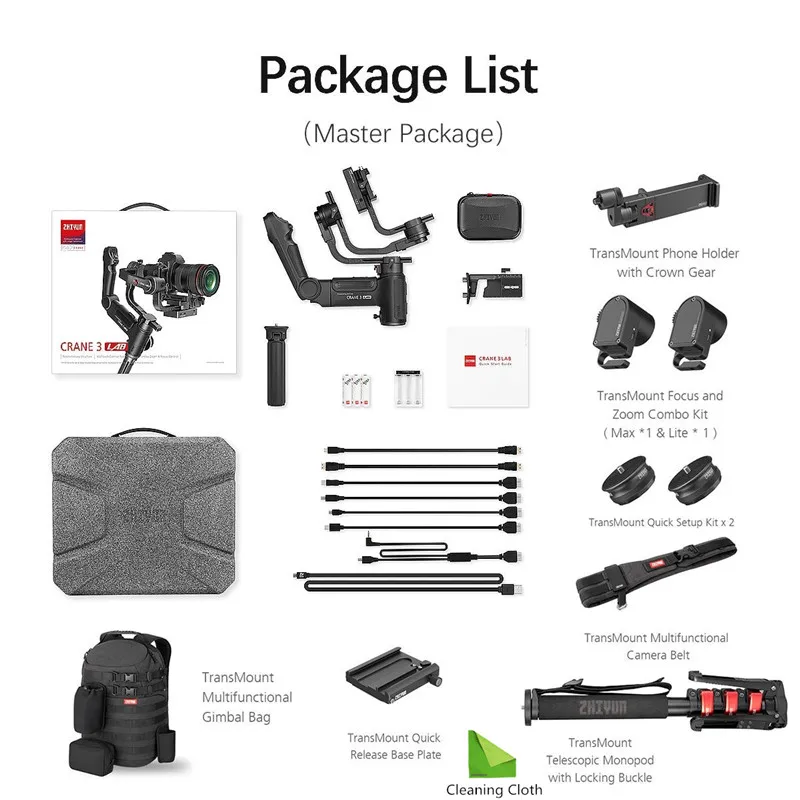 Master Package Zhiyun Crane 3 LAB 3-осевой ручной карданный стабилизатор для DSLR/беззеркальной камеры sony Canon Panasonic Nikon(Главная посылка - Комплект: Master Package