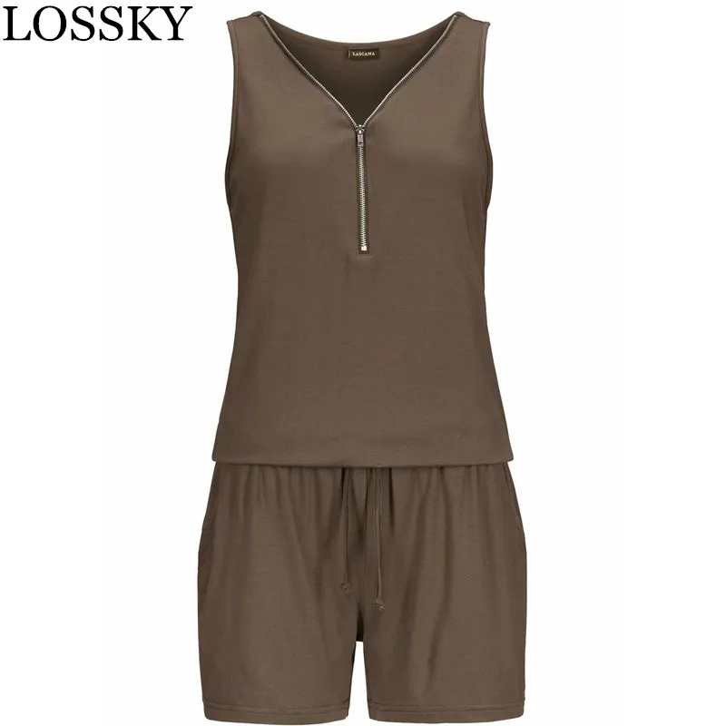 

Sleeveless Front Zipper V Neck Jumpsuit Casual Women Summer Beach Pocket Rompers Sexy Slim Fit Playsuits Overalls Plus Size 5XL