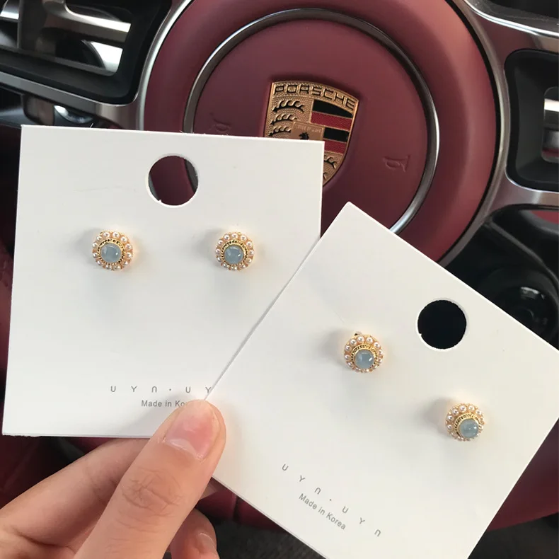 Гипоаллергенные серьги-гвоздики из серебра S925 пробы, Элегантный французский модный светильник с синим жемчугом, женские золотые маленькие жемчужные серьги-гвоздики
