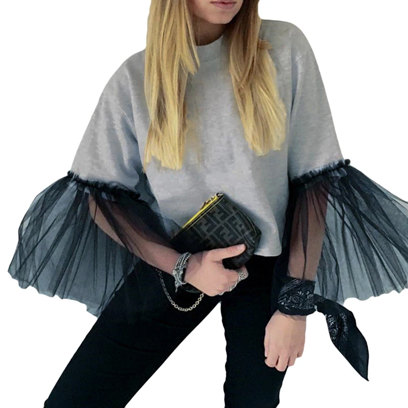 Новое поступление рубашка женские топы серая черная расклешенная сетка с