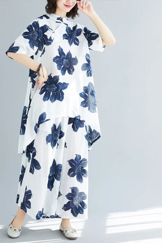 Комплект из двух предметов: блузки и брюки Cheongsam летние широкие с эластичной