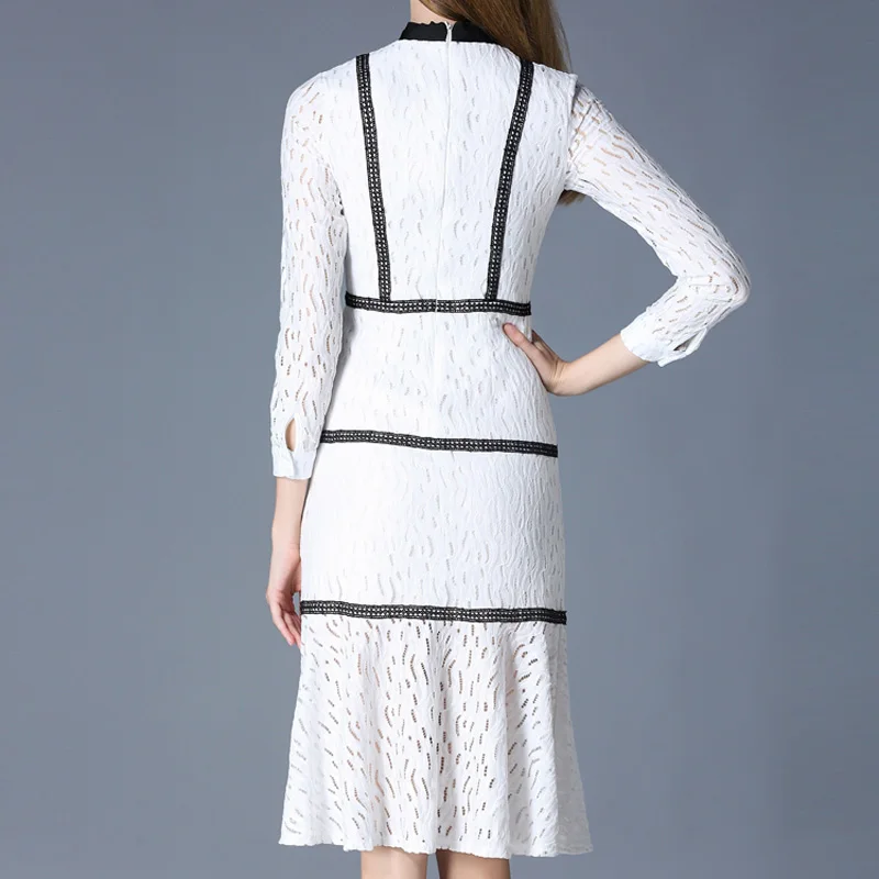 

2018 autumn new fashion women dresses long-sleeved stand collar bow slim Dress bag hip Preppy style white lace dress