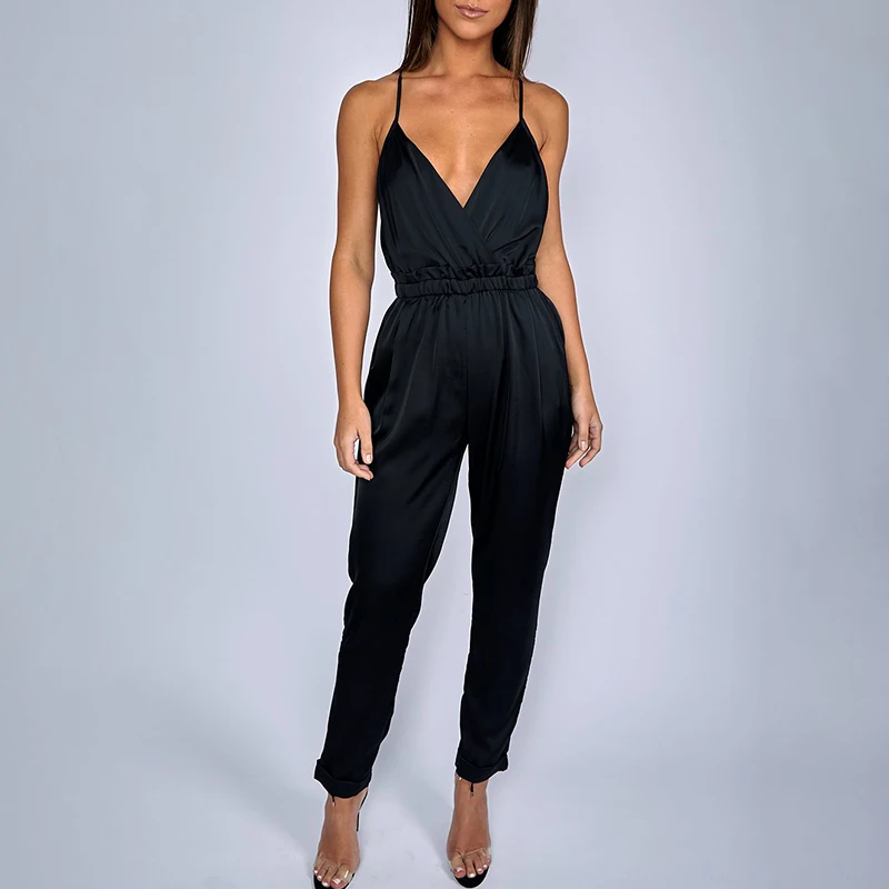 Черный DRESSMECB тонкие обычные Комбинезоны Женский комбинезон элегантный офисный женский летний костюм с открытой спиной V образным вырезом сексуальные комбинезоны - Цвет: Черный