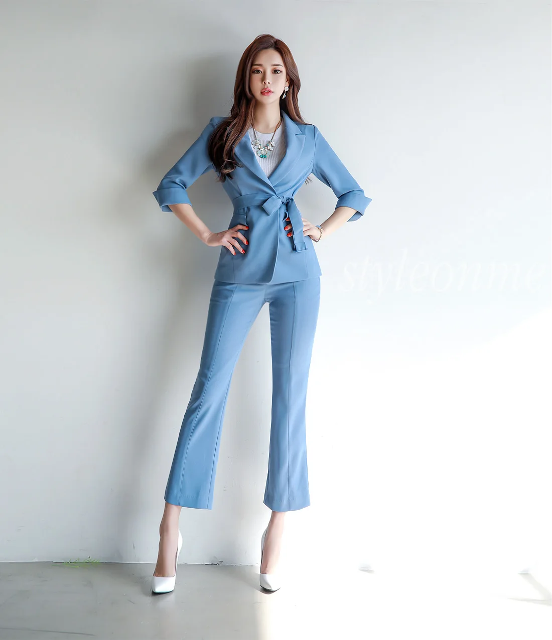 Высококачественный новый летний однотонный тонкий модный синий костюм с одной
