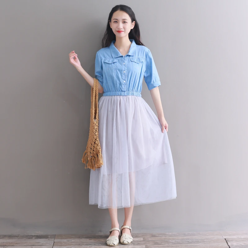 2018 latest fashion women denim vintage dress short sleeve casual mesh | Женская одежда