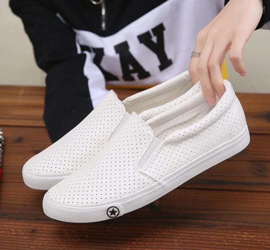 Летние дышащие белые туфли с перфорацией мужские натуральные корейские