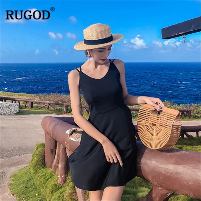 Женское платье на бретельках RUGOD черное пляжное мини-платье с открытой спиной и