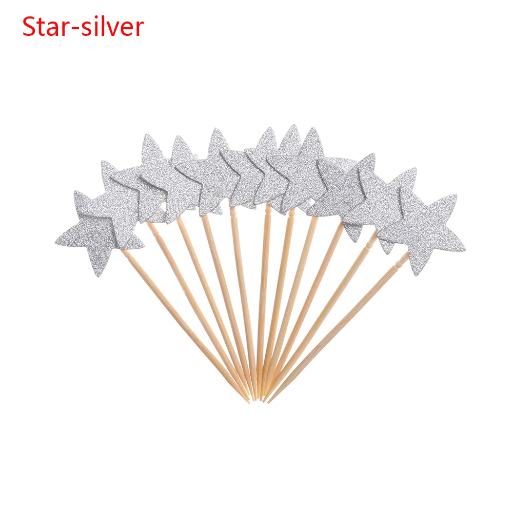 Star silver 20 шт./лот милый блестящий в форме сердца, звезды, топперы для кексов на день рождения, свадьбу, украшение для торта, топпер для украшения еды - Цвет: Star silver