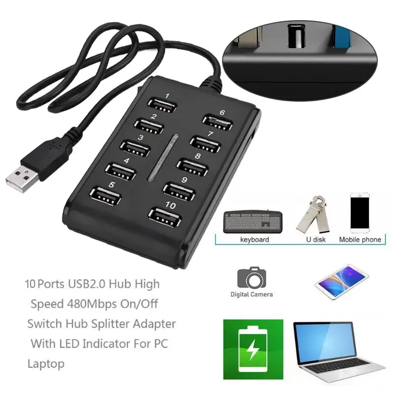 Высокая скорость 480 Мбит/с 10 портов USB 2,0 концентратор мульти персональный компьютер разъем расширения сплиттер для ПК ноутбук