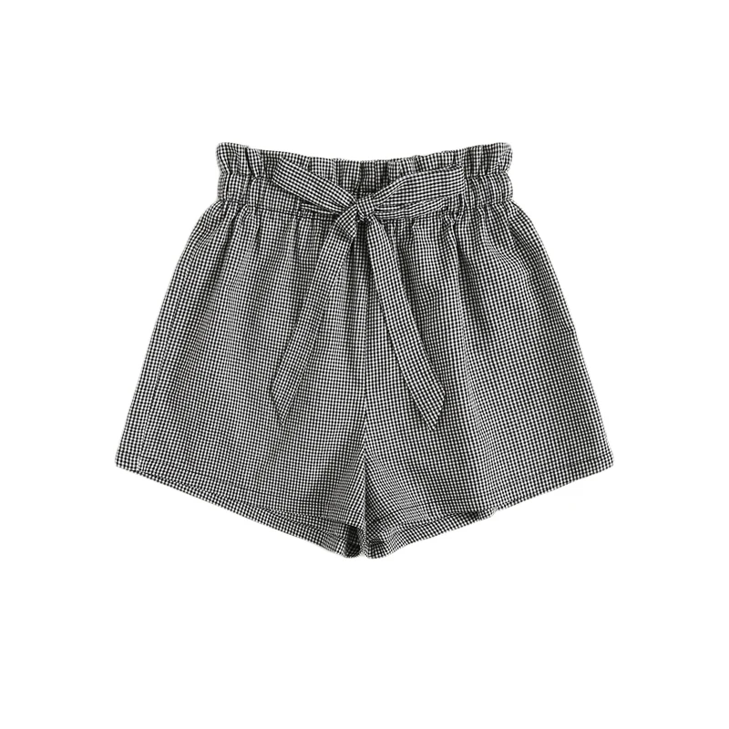 SHEIN элегантные черно-белые шорты с поясом в мелкую клетку, женские летние милые клетчатые шорты с высокой талией и оборками