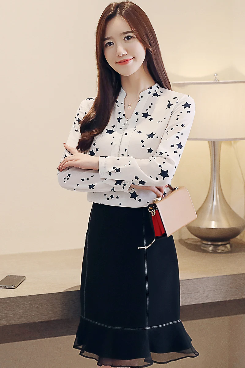 

Fashion 2021 Spring Chiffon Shirt Female Causal Print Stars Women Shirt Long Sleeve Womens Tops and Blouses Blusas 2216 50