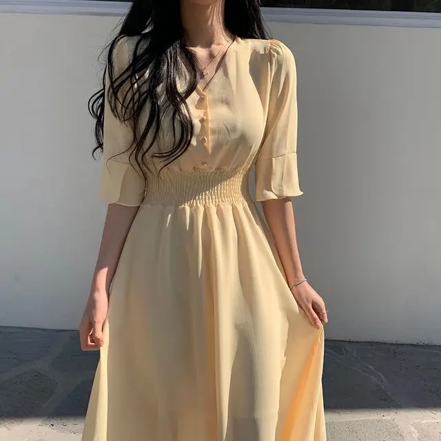 GRUIICEEN elastic waist V-neck women summer dress single breasted solid color ladies dresses 2019 new arrival GY2018712 | Женская одежда