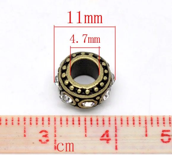 European Charm Zinc alloy Beads Round Antique Bronze White Rhinestone About 11mmx5.8mm Hole: Approx 4.7mm 1 Pc new | Украшения и