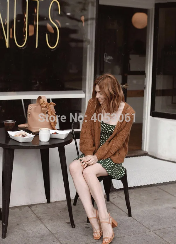 Latest Mohair& Wool Blend Jumper V Neck Hollow Out Button Front Knit Sweater- Female Camel Color Knitting Cardigan Top